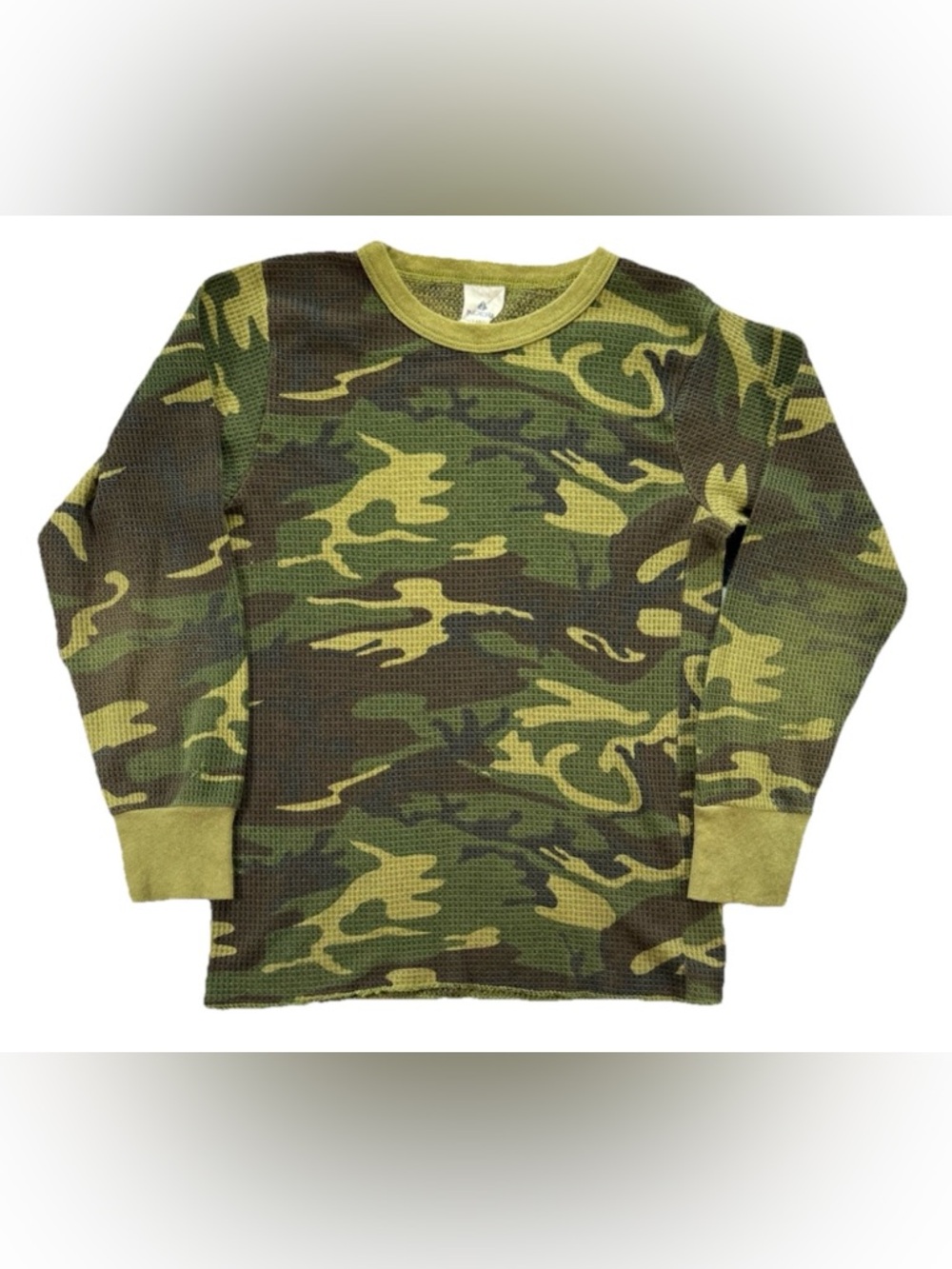 Vintage Camo Waffle Knit Long Sleeve T Shirt Youth Large Green Y2K Grunge Punk